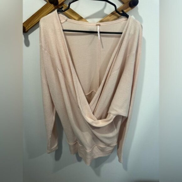 EUC- Free People Women's Cozy With You Faux Wrap Sweater Ribbed Bush Pink Medium - Picture 1 of 9